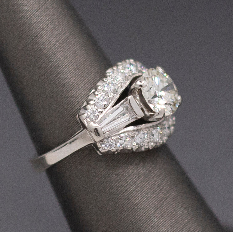 Vintage Mid-Century Round Brilliant Cut and Baguette Diamond Engagement Ring in Platinum