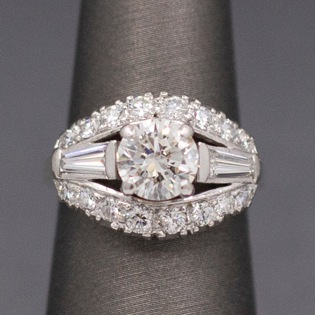 Vintage Mid-Century Round Brilliant Cut and Baguette Diamond Engagement Ring in Platinum