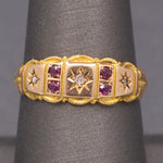 Antique Victorian Gypsy Set Ruby and Rose Cut Diamond Band Ring in 15k Yellow Gold