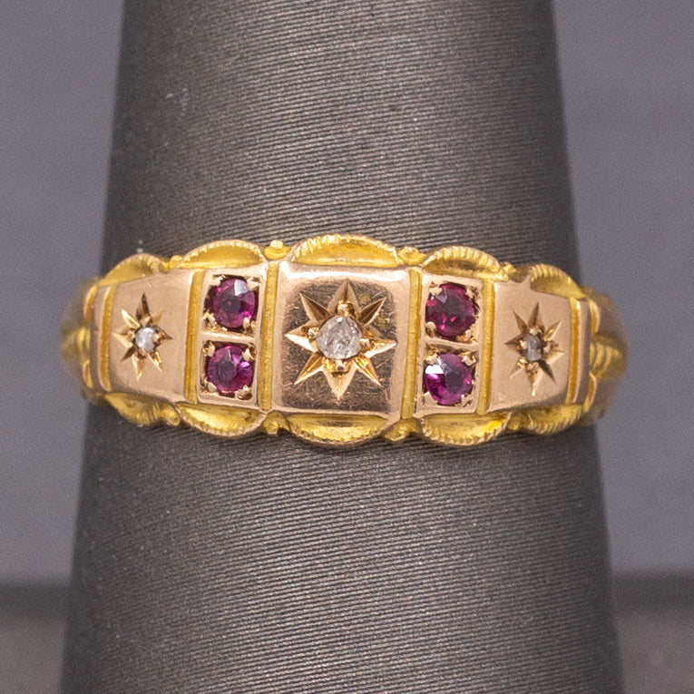 Antique Victorian Gypsy Set Ruby and Rose Cut Diamond Band Ring in 15k Yellow Gold