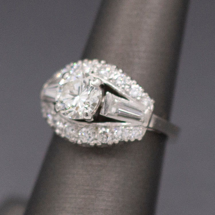 Vintage Mid-Century Round Brilliant Cut and Baguette Diamond Engagement Ring in Platinum