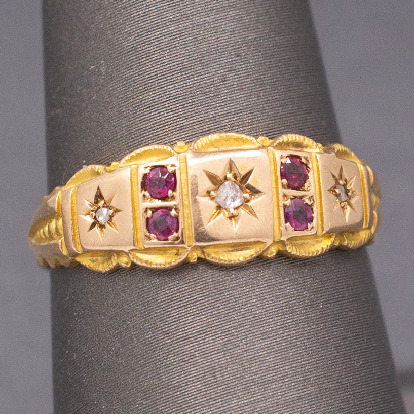 Antique Victorian Gypsy Set Ruby and Rose Cut Diamond Band Ring in 15k Yellow Gold