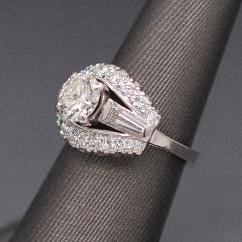 Vintage Mid-Century Round Brilliant Cut and Baguette Diamond Engagement Ring in Platinum