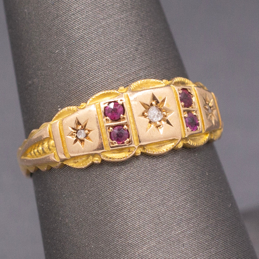 Antique Victorian Gypsy Set Ruby and Rose Cut Diamond Band Ring in 15k Yellow Gold
