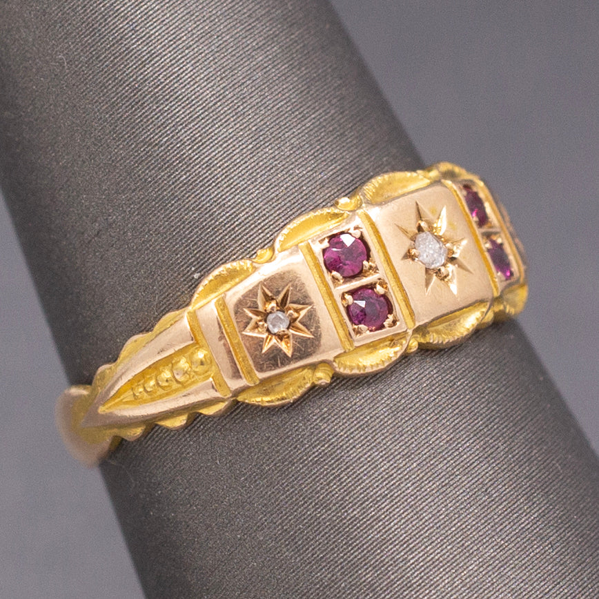 Antique Victorian Gypsy Set Ruby and Rose Cut Diamond Band Ring in 15k Yellow Gold