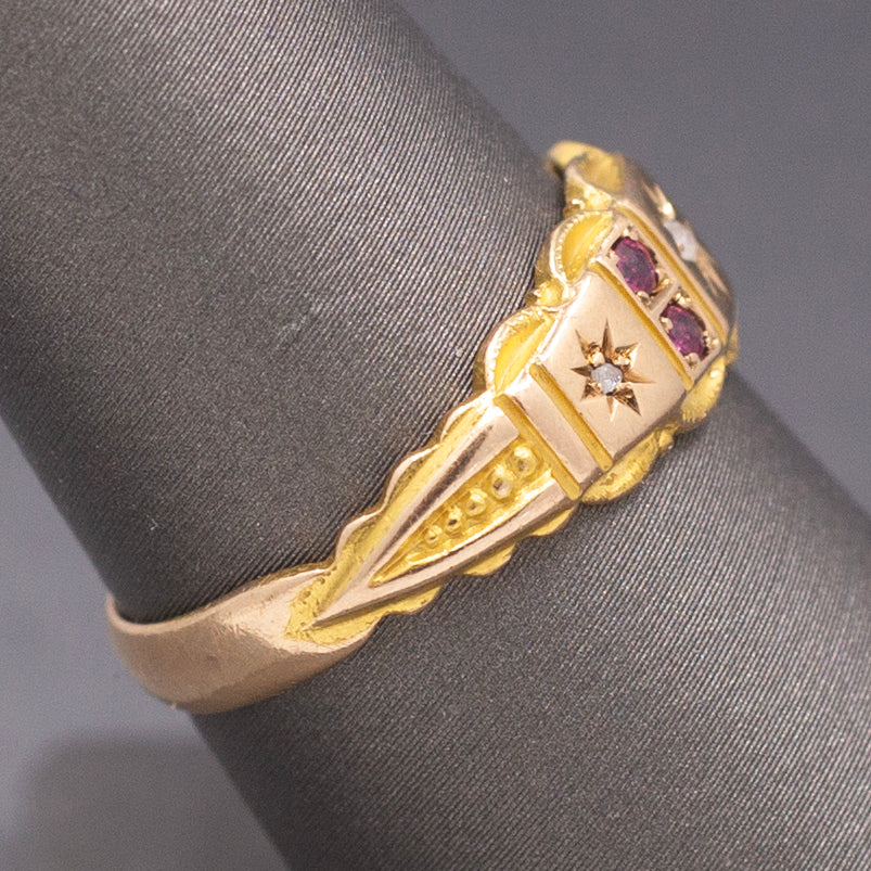 Antique Victorian Gypsy Set Ruby and Rose Cut Diamond Band Ring in 15k Yellow Gold