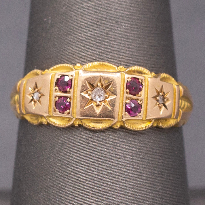 Antique Victorian Gypsy Set Ruby and Rose Cut Diamond Band Ring in 15k Yellow Gold