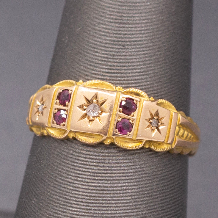 Antique Victorian Gypsy Set Ruby and Rose Cut Diamond Band Ring in 15k Yellow Gold