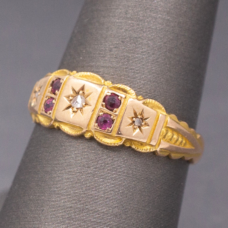 Antique Victorian Gypsy Set Ruby and Rose Cut Diamond Band Ring in 15k Yellow Gold