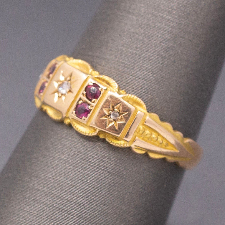 Antique Victorian Gypsy Set Ruby and Rose Cut Diamond Band Ring in 15k Yellow Gold