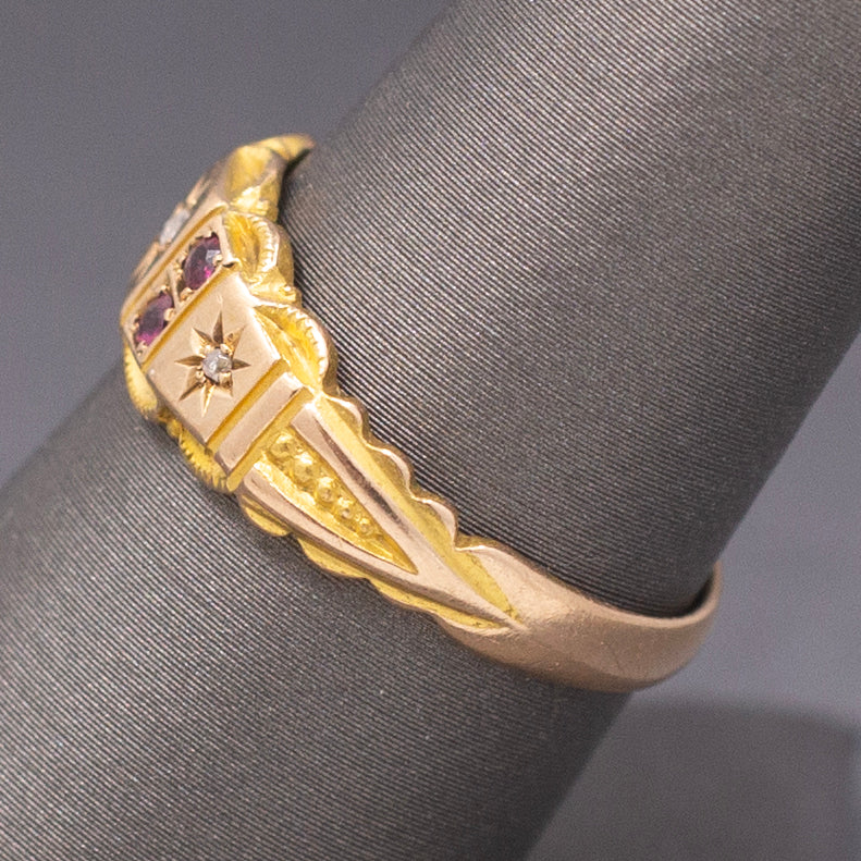 Antique Victorian Gypsy Set Ruby and Rose Cut Diamond Band Ring in 15k Yellow Gold