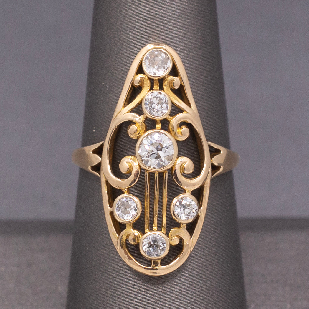Art Nouveau Old European Cut Diamond Cluster Ring in 14k Yellow Gold