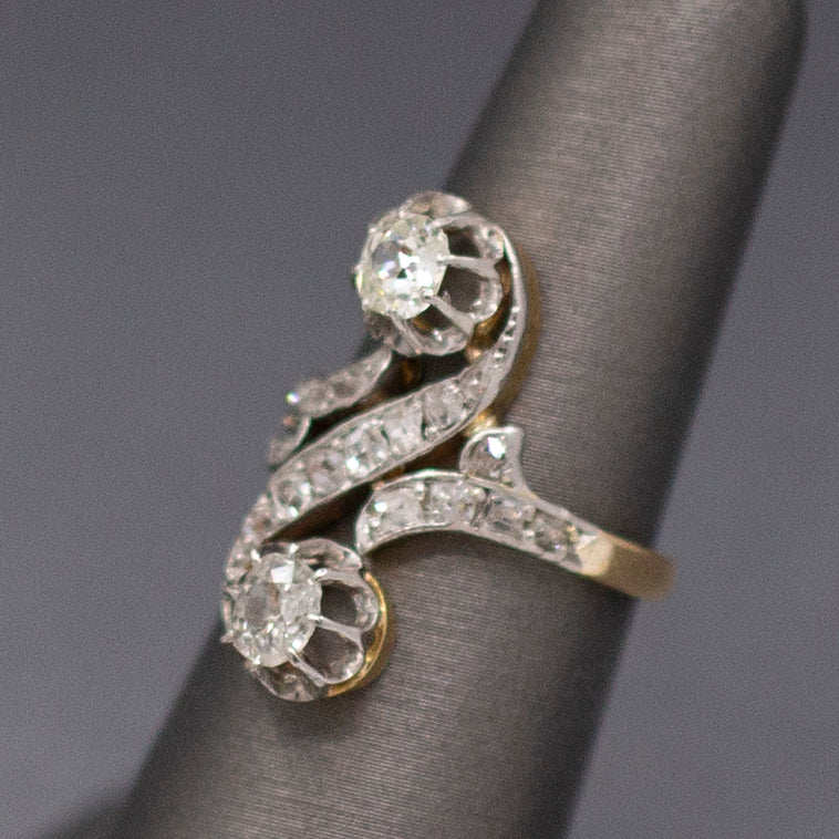 Fantastic Art Nouveau Moi et Toi Old Mine Cut Diamond Ring in 18k and Platinum