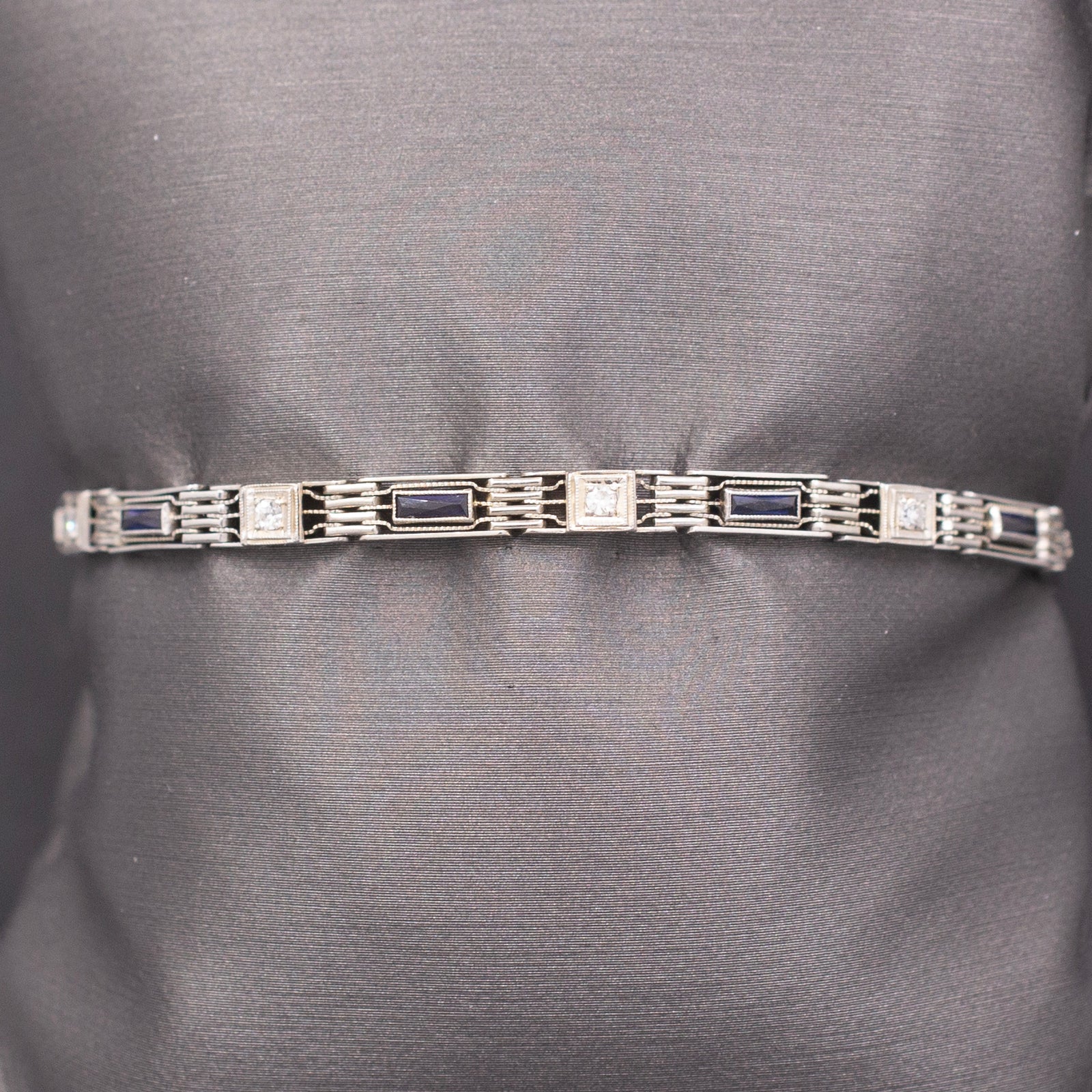 Sleek Late Art Deco Blue Sapphire and Diamond Chain Link Bracelet in 14k White Gold