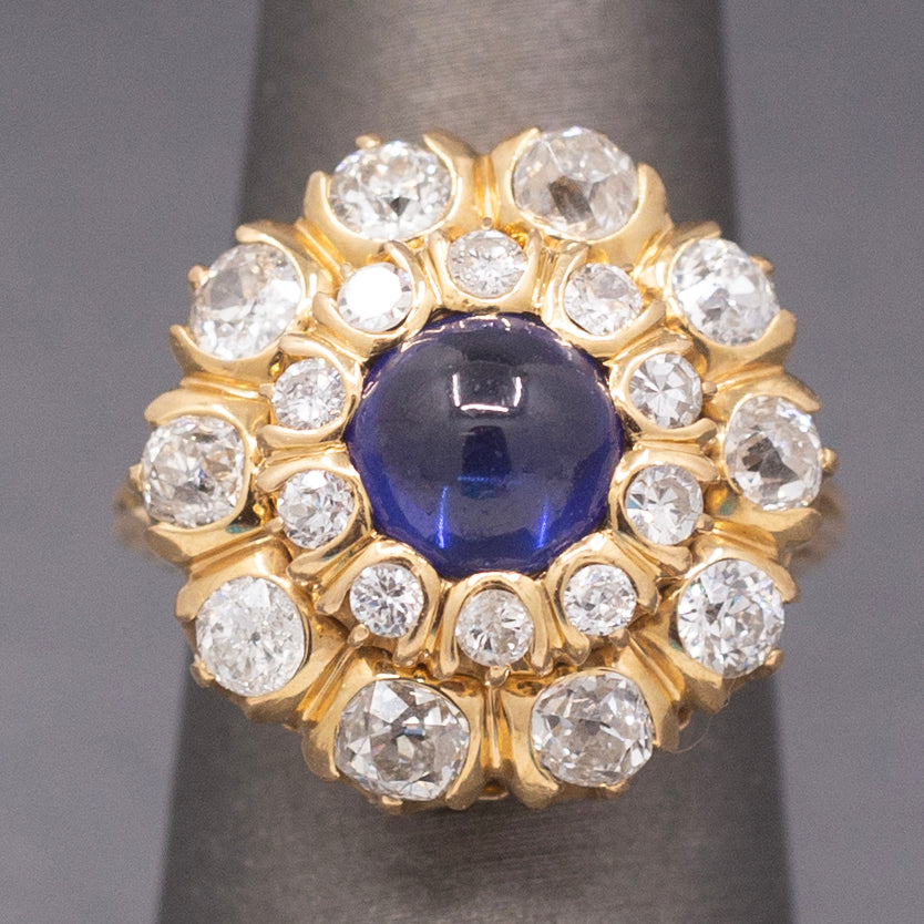 Magnificent Blue Sapphire and Old Cut Diamond Cocktail Ring in 18k Yellow Gold