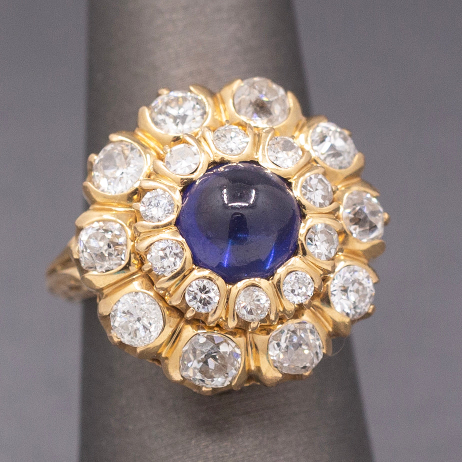 Magnificent Blue Sapphire and Old Cut Diamond Cocktail Ring in 18k Yellow Gold
