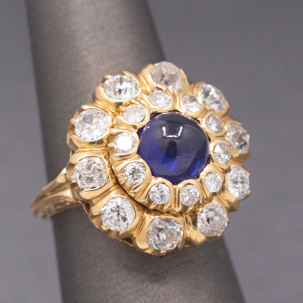 Magnificent Blue Sapphire and Old Cut Diamond Cocktail Ring in 18k Yellow Gold