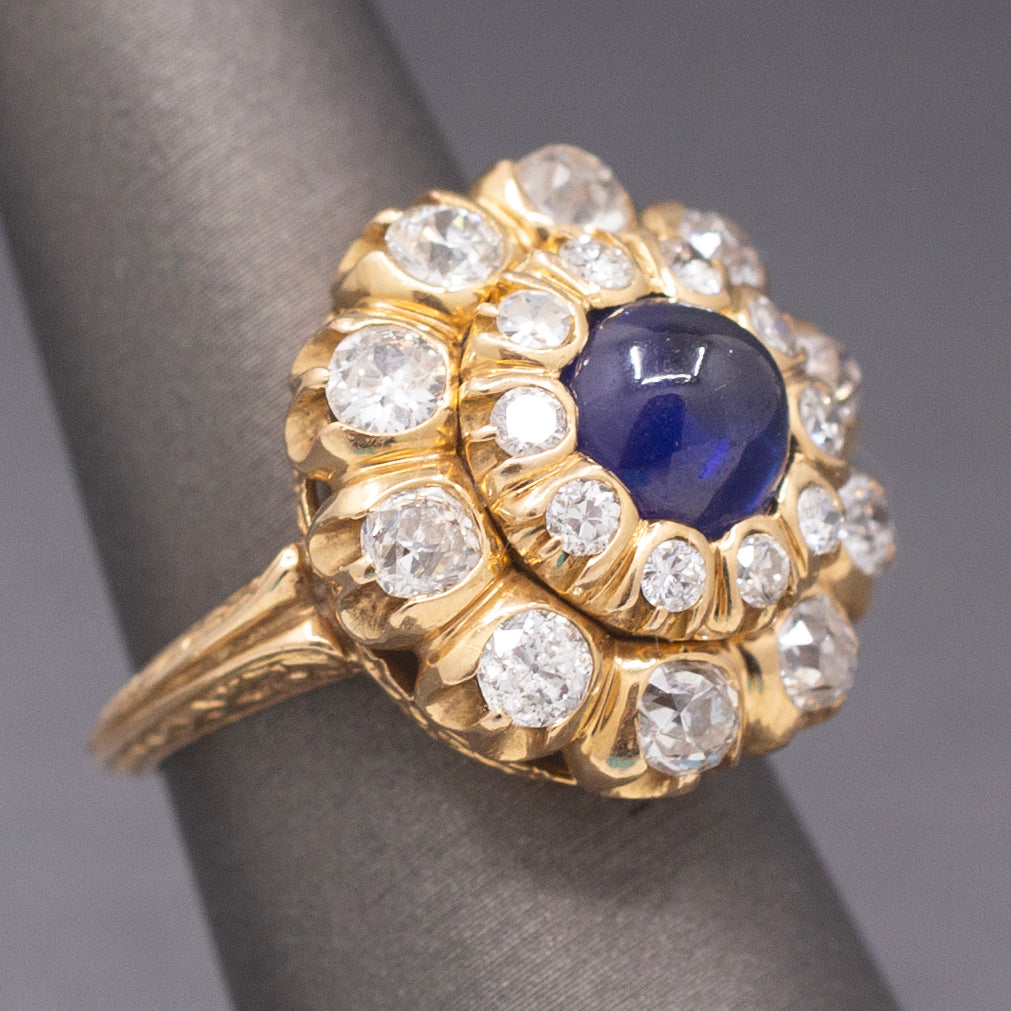 Magnificent Blue Sapphire and Old Cut Diamond Cocktail Ring in 18k Yellow Gold