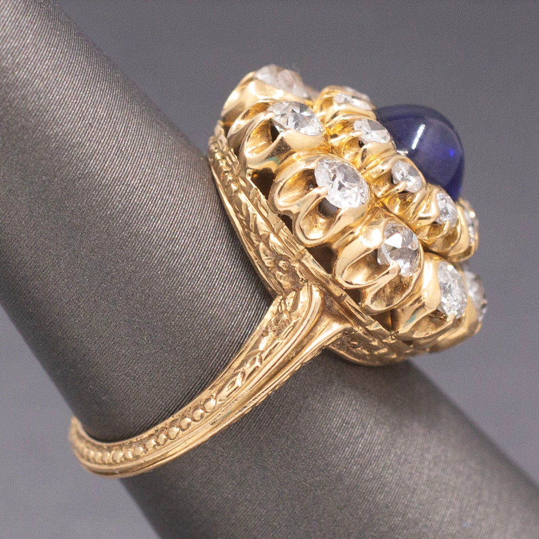 Magnificent Blue Sapphire and Old Cut Diamond Cocktail Ring in 18k Yellow Gold