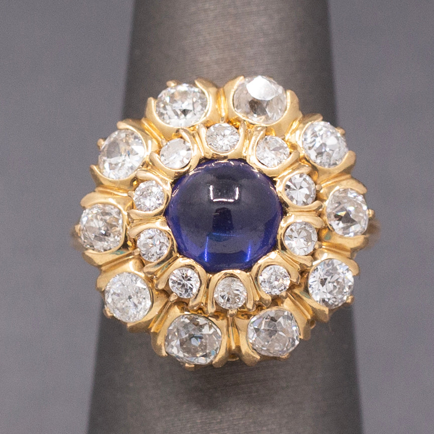 Magnificent Blue Sapphire and Old Cut Diamond Cocktail Ring in 18k Yellow Gold