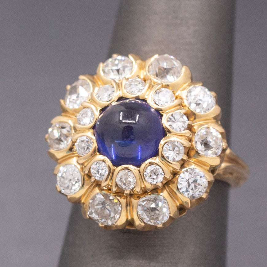 Magnificent Blue Sapphire and Old Cut Diamond Cocktail Ring in 18k Yellow Gold