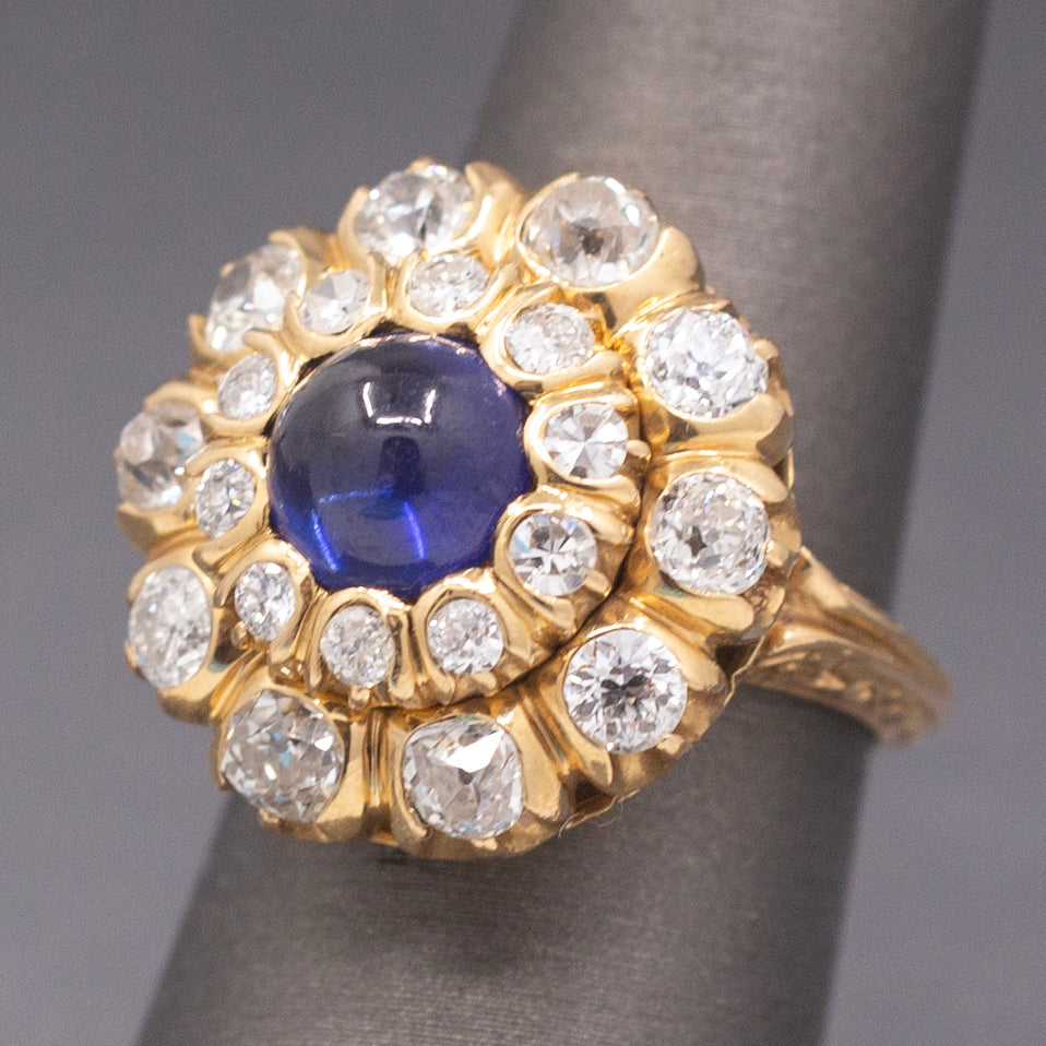 Magnificent Blue Sapphire and Old Cut Diamond Cocktail Ring in 18k Yellow Gold