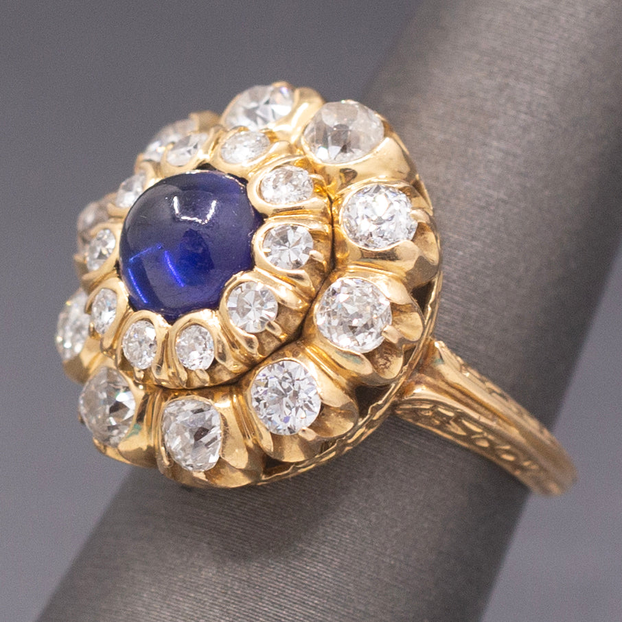 Magnificent Blue Sapphire and Old Cut Diamond Cocktail Ring in 18k Yellow Gold