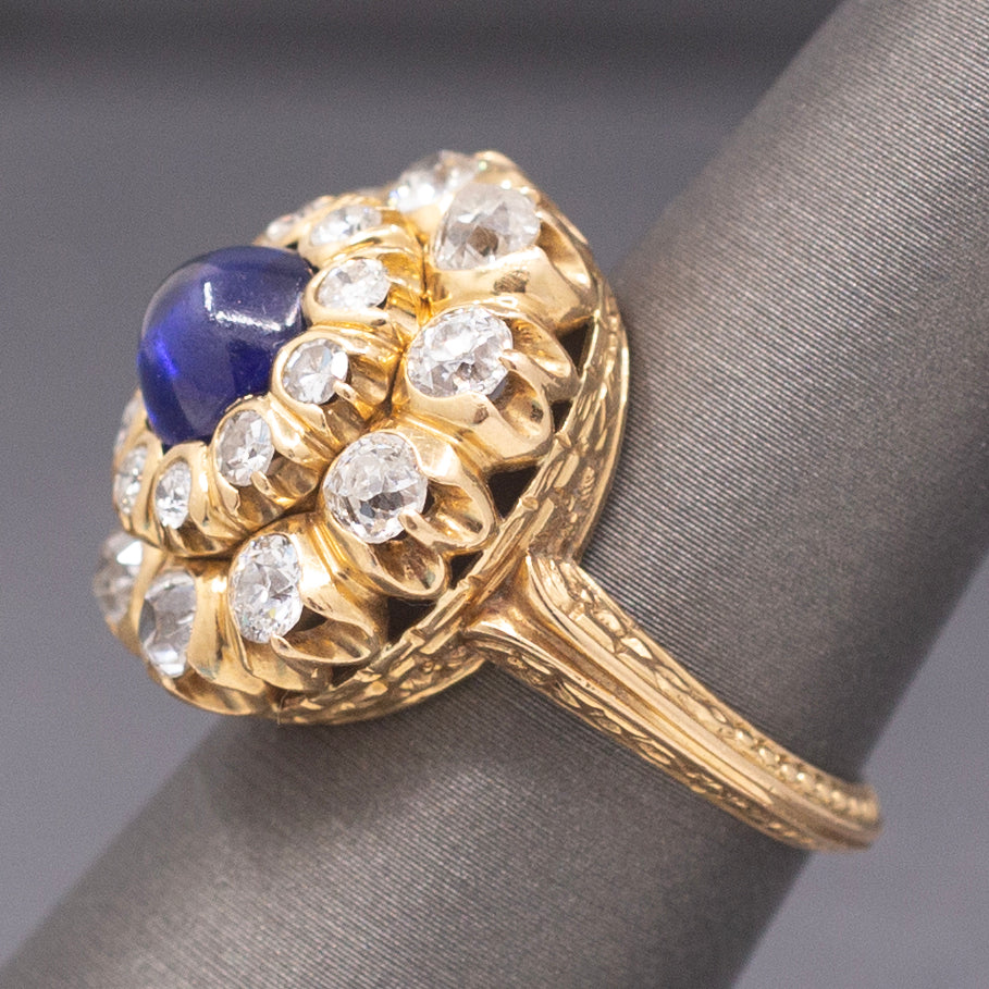 Magnificent Blue Sapphire and Old Cut Diamond Cocktail Ring in 18k Yellow Gold