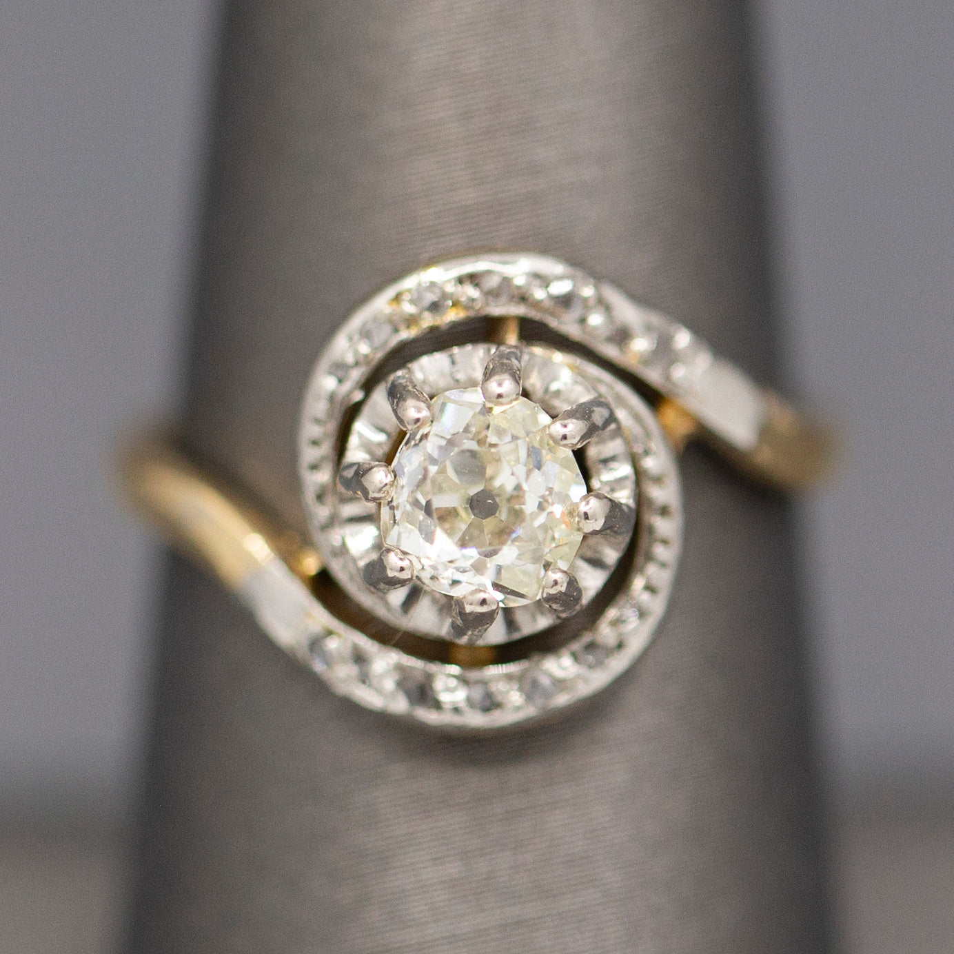 Art Nouveau Antique Old Mine Cut Bypass Engagement Ring in 18k Yellow Gold