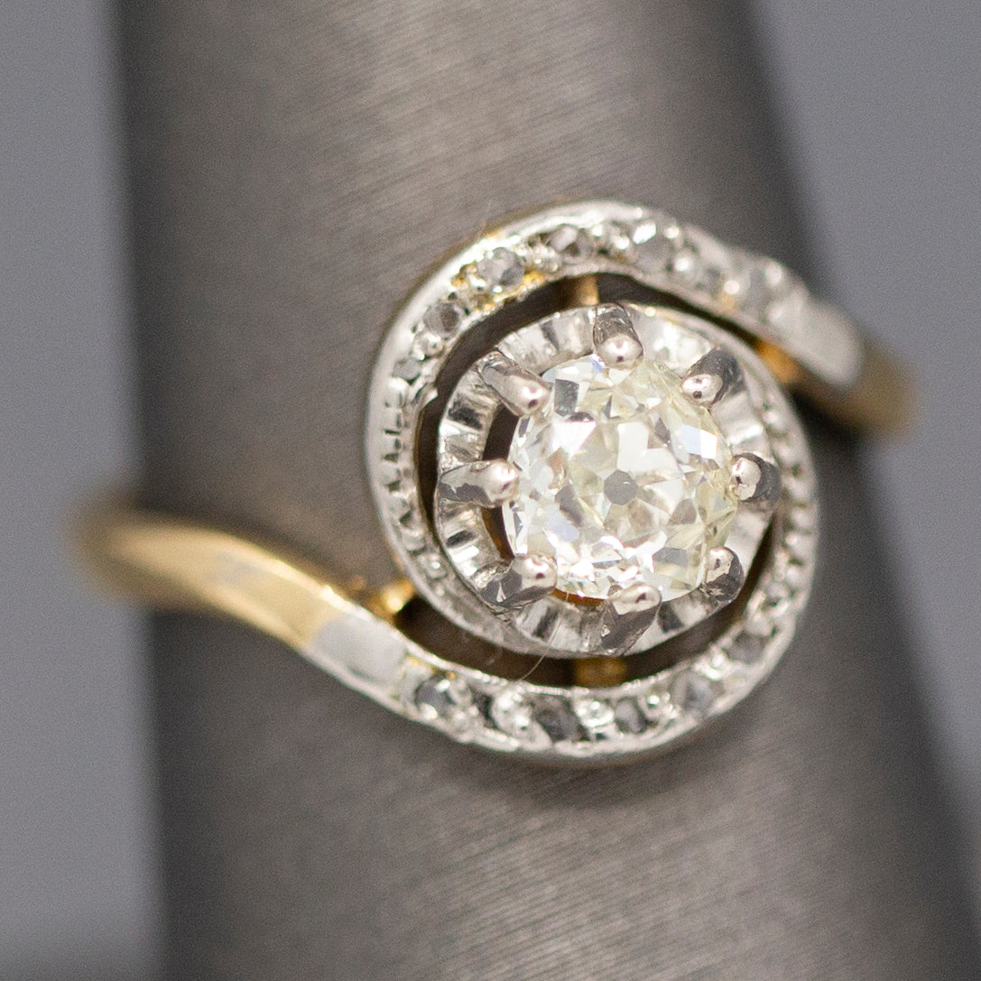Art Nouveau Antique Old Mine Cut Bypass Engagement Ring in 18k Yellow Gold