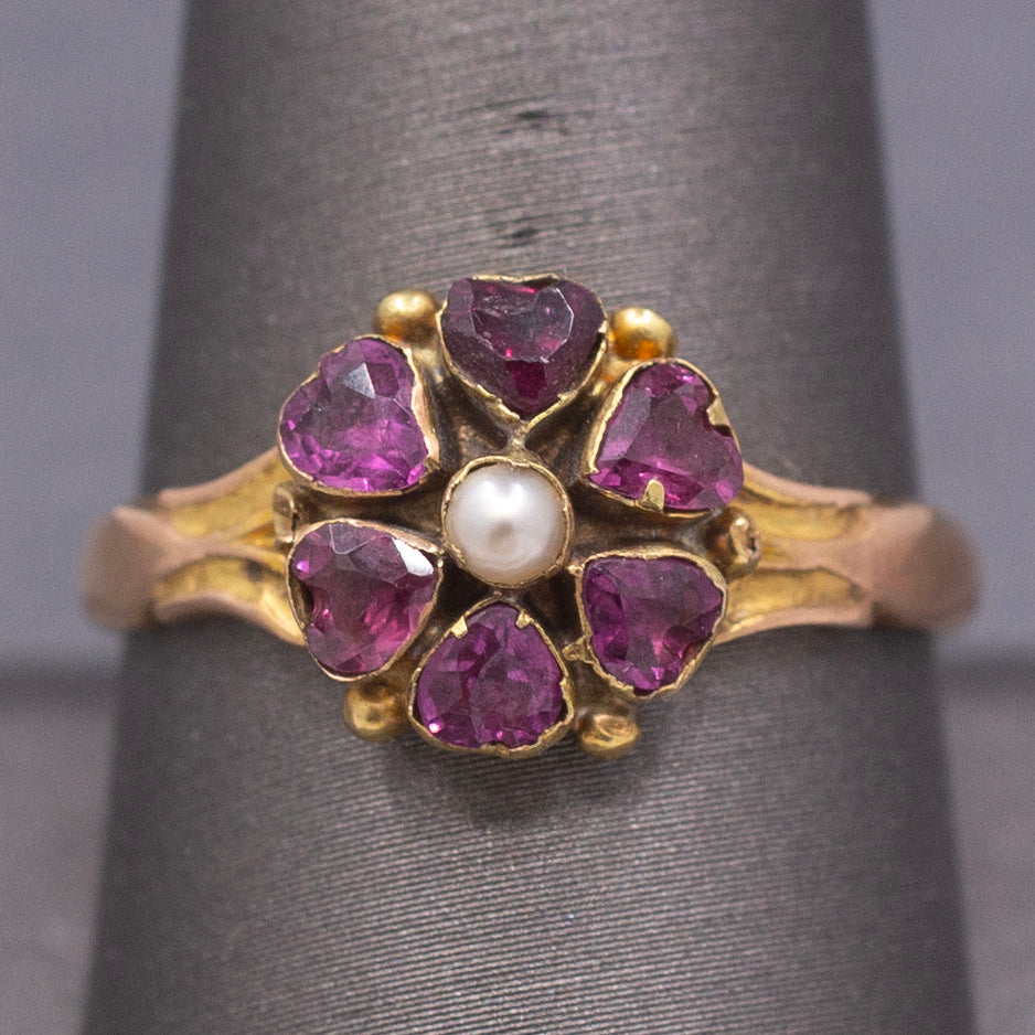 Antique Victorian Garnet and Pearl Custer Low Profile Ring in 18k Rosy Gold