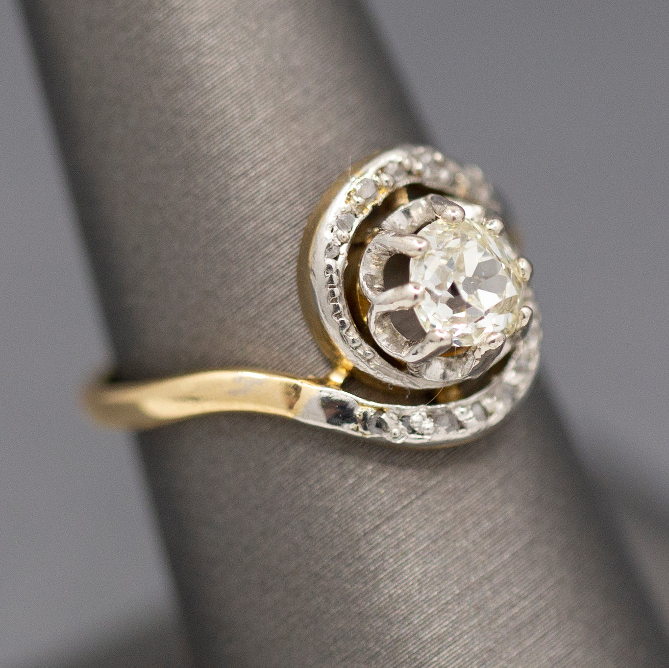 Art Nouveau Antique Old Mine Cut Bypass Engagement Ring in 18k Yellow Gold