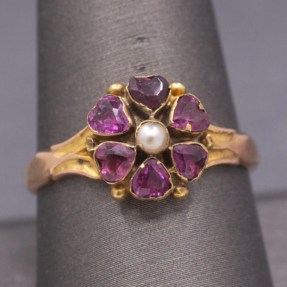 Antique Victorian Garnet and Pearl Custer Low Profile Ring in 18k Rosy Gold
