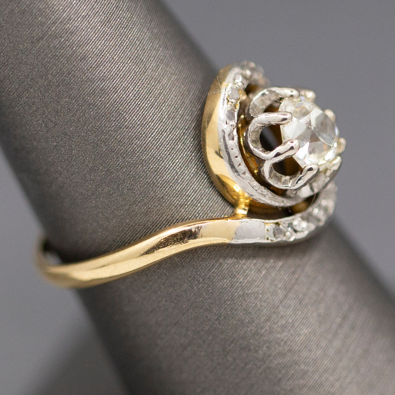 Art Nouveau Antique Old Mine Cut Bypass Engagement Ring in 18k Yellow Gold
