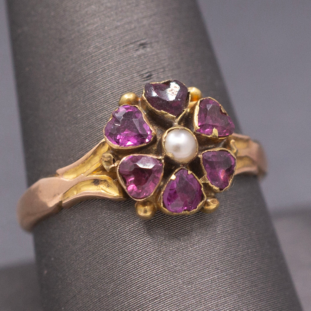 Antique Victorian Garnet and Pearl Custer Low Profile Ring in 18k Rosy Gold