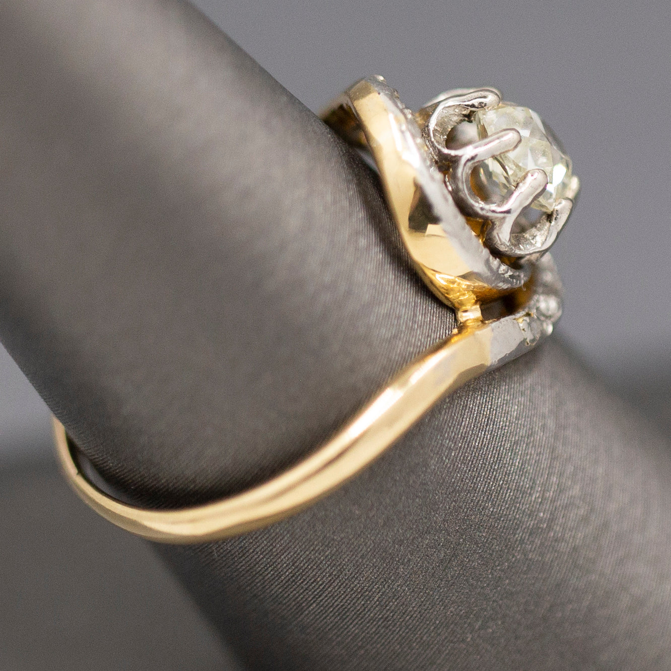 Art Nouveau Antique Old Mine Cut Bypass Engagement Ring in 18k Yellow Gold