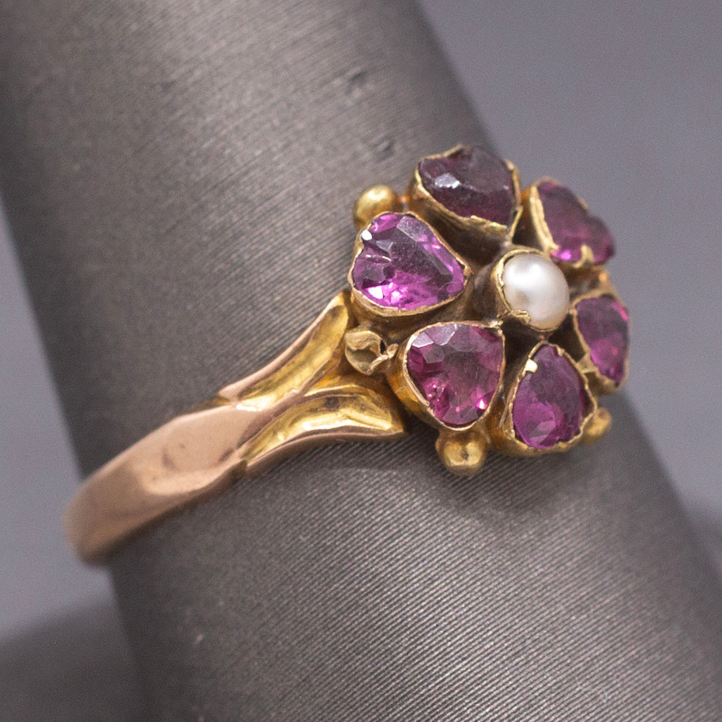 Antique Victorian Garnet and Pearl Custer Low Profile Ring in 18k Rosy Gold