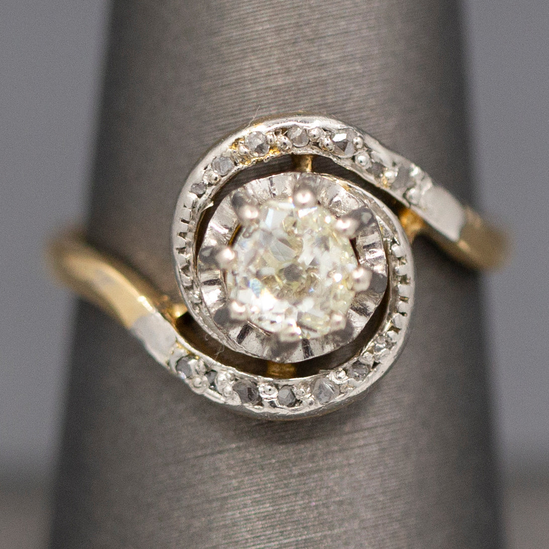 Art Nouveau Antique Old Mine Cut Bypass Engagement Ring in 18k Yellow Gold