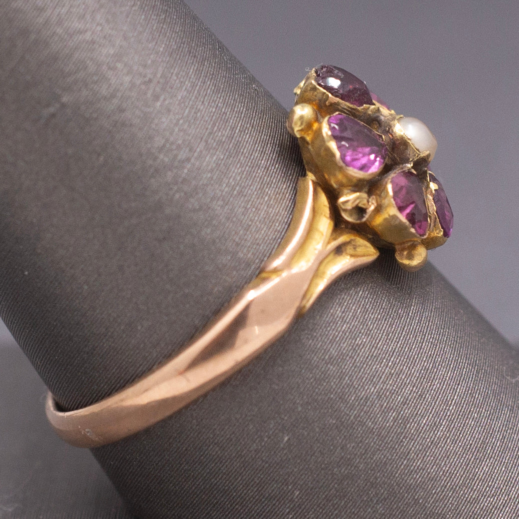 Antique Victorian Garnet and Pearl Custer Low Profile Ring in 18k Rosy Gold