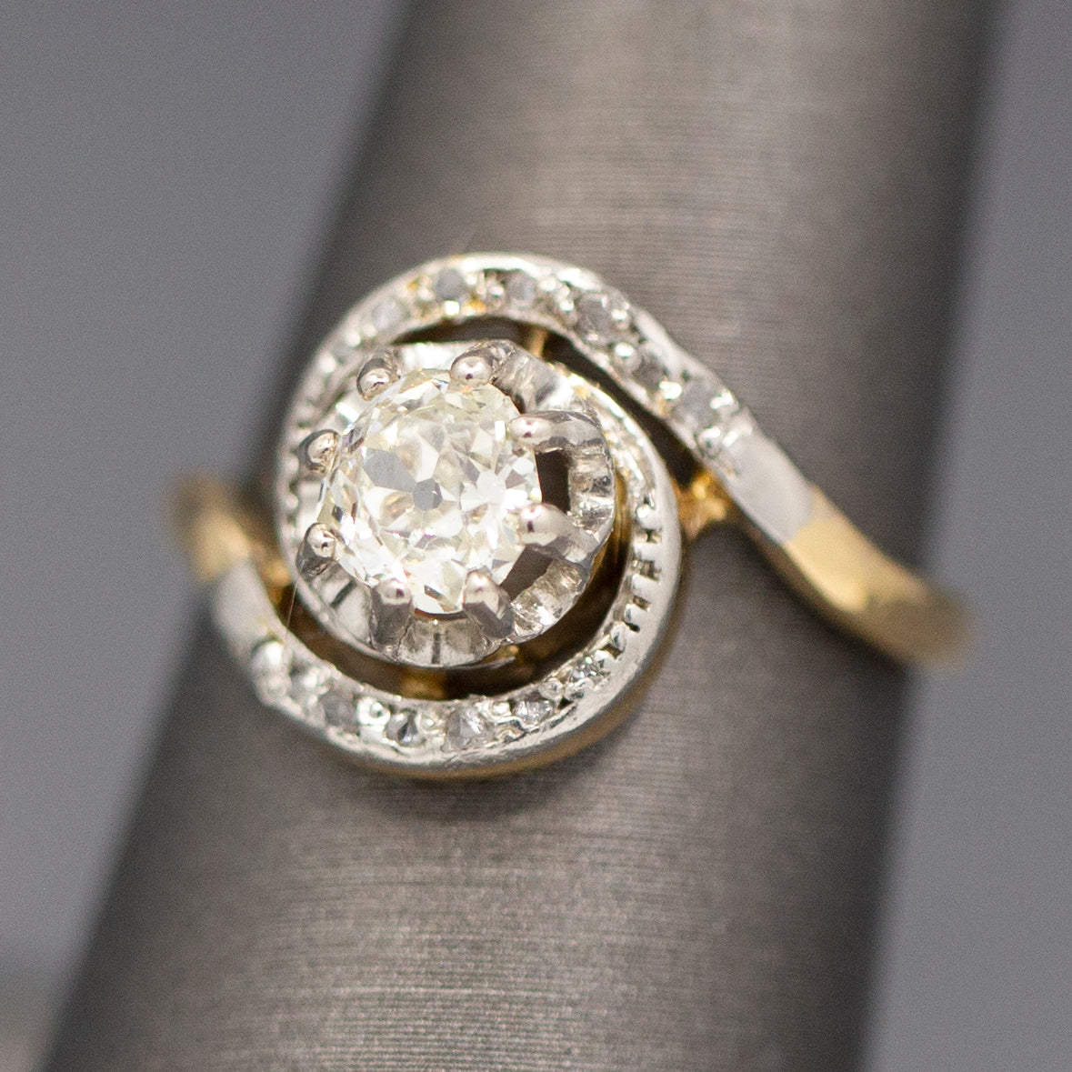 Art Nouveau Antique Old Mine Cut Bypass Engagement Ring in 18k Yellow Gold