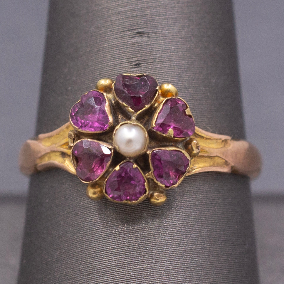 Antique Victorian Garnet and Pearl Custer Low Profile Ring in 18k Rosy Gold