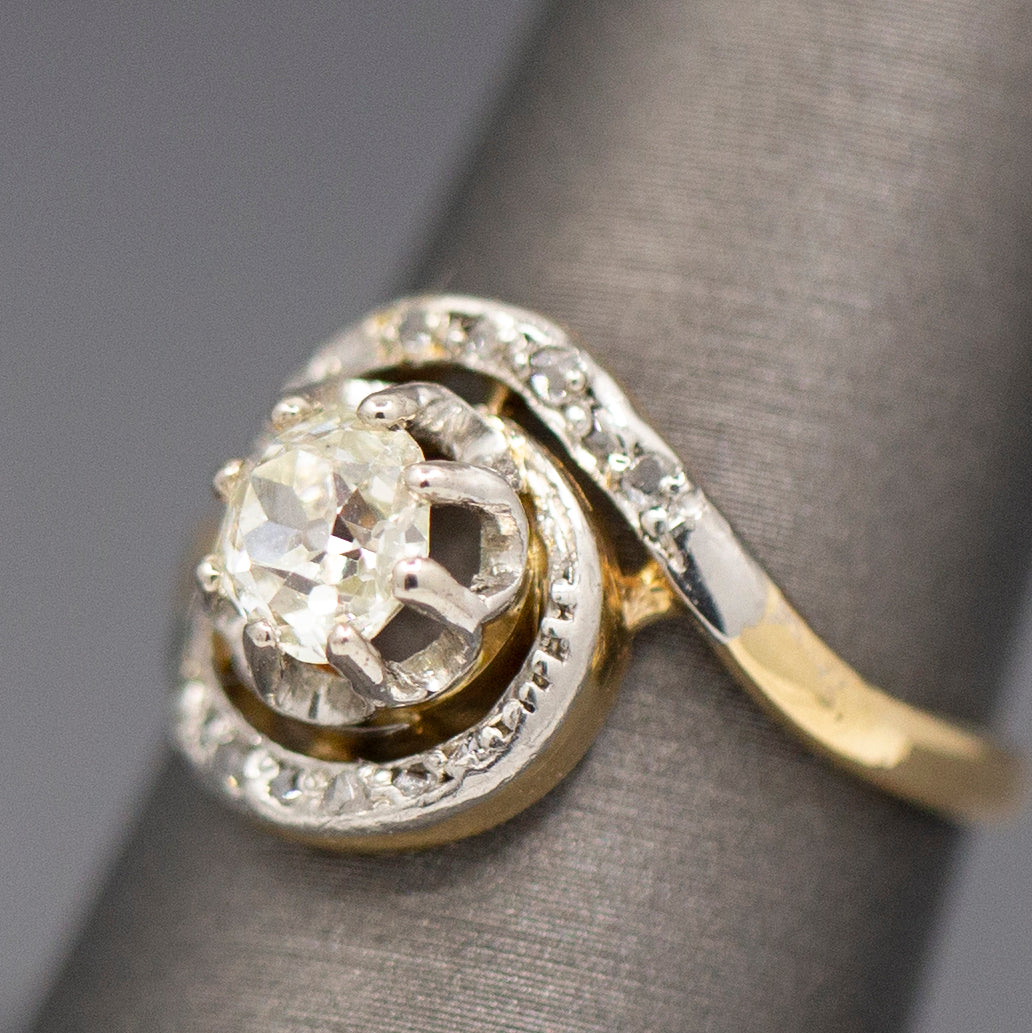 Art Nouveau Antique Old Mine Cut Bypass Engagement Ring in 18k Yellow Gold