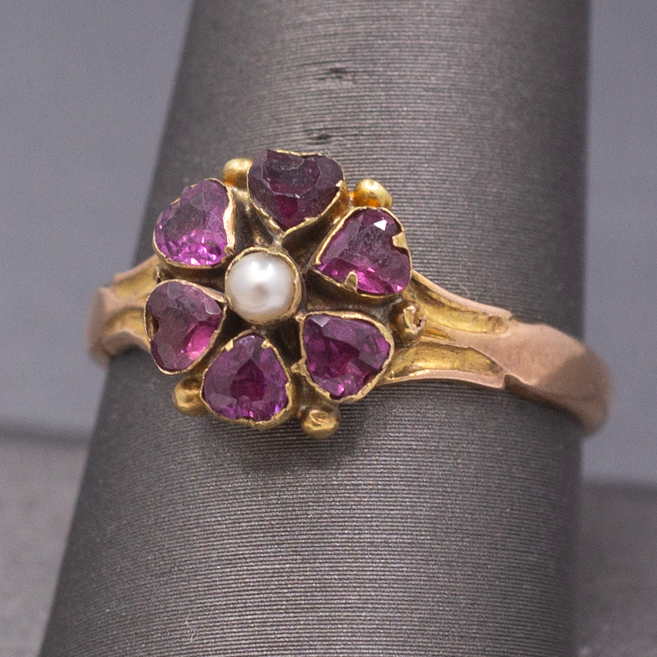 Antique Victorian Garnet and Pearl Custer Low Profile Ring in 18k Rosy Gold