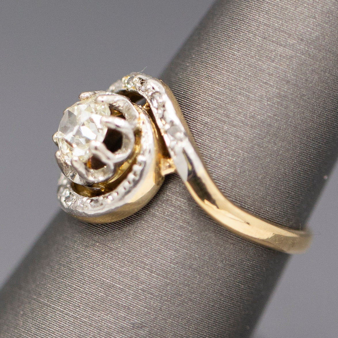 Art Nouveau Antique Old Mine Cut Bypass Engagement Ring in 18k Yellow Gold