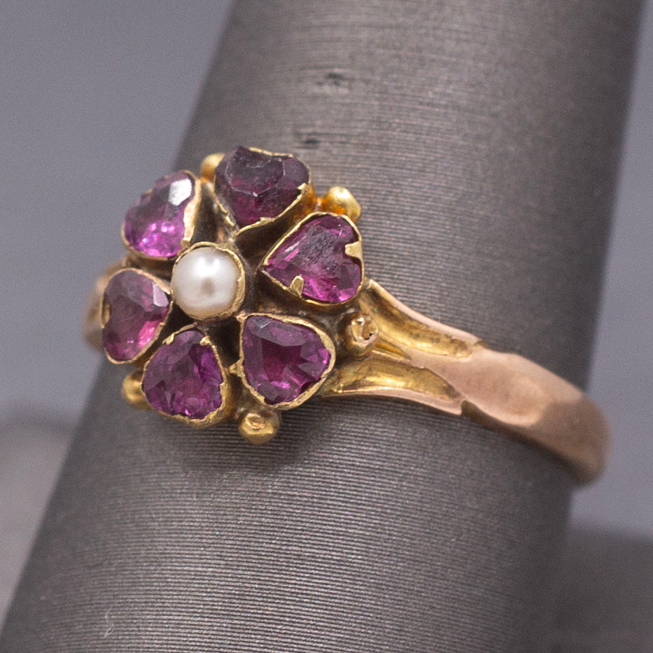 Antique Victorian Garnet and Pearl Custer Low Profile Ring in 18k Rosy Gold
