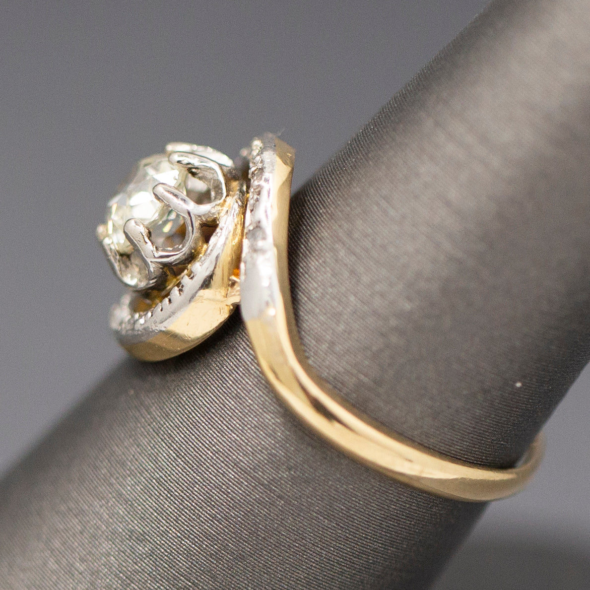 Art Nouveau Antique Old Mine Cut Bypass Engagement Ring in 18k Yellow Gold