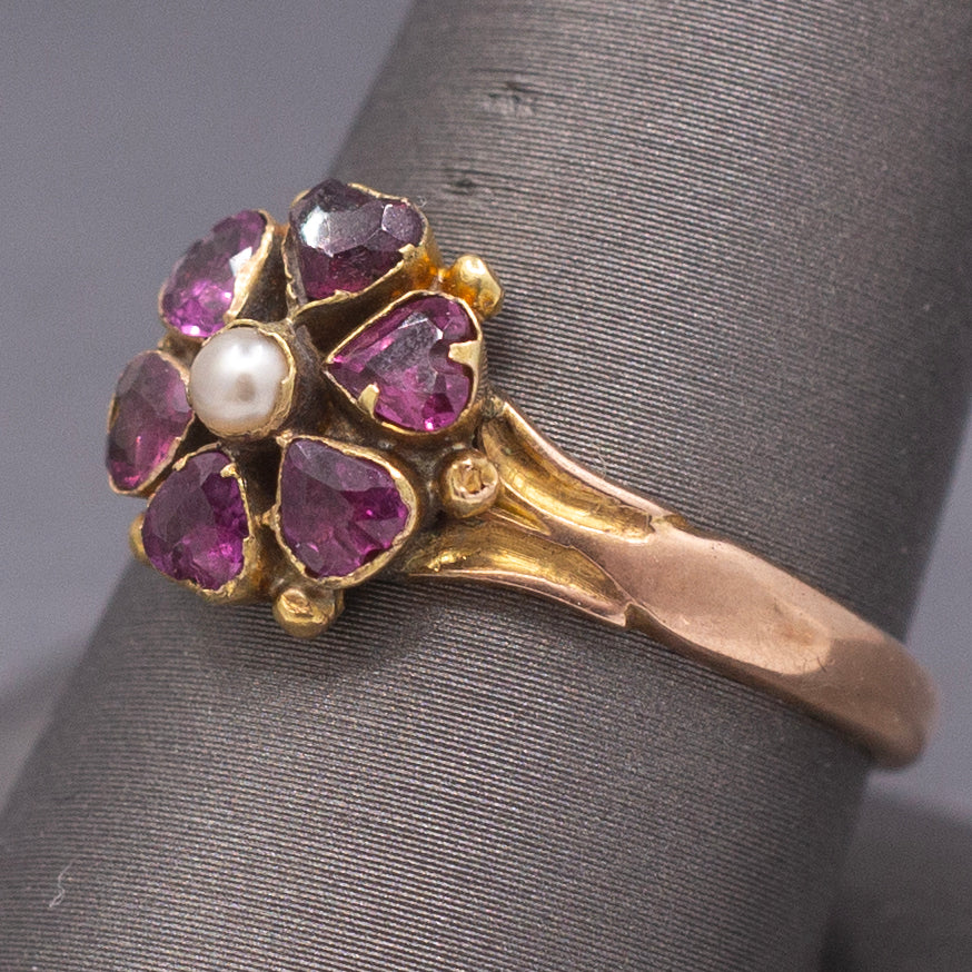 Antique Victorian Garnet and Pearl Custer Low Profile Ring in 18k Rosy Gold