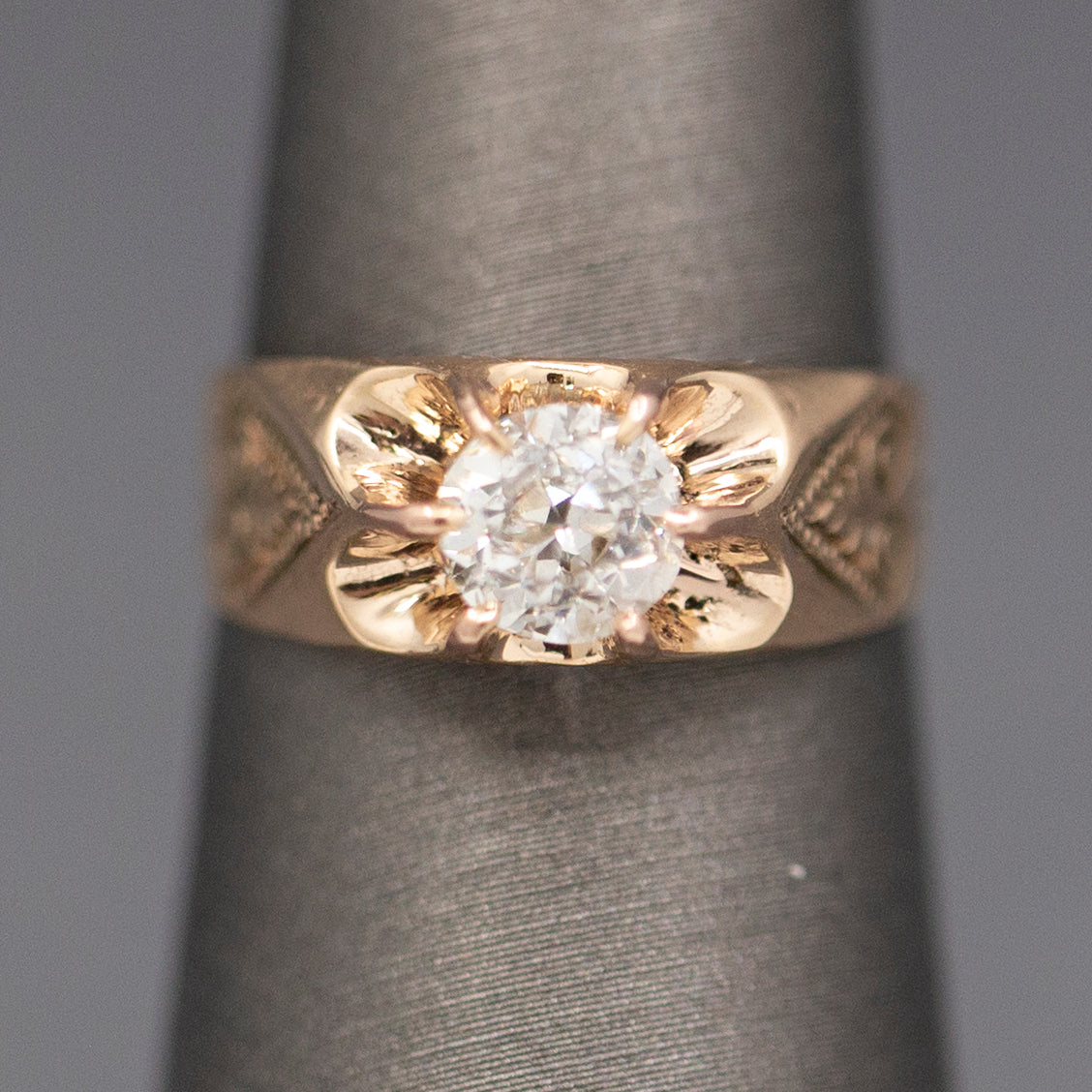 Beautiful Belcher Set and Engraved Band Victorian Rose Gold Engagement Ring 14k