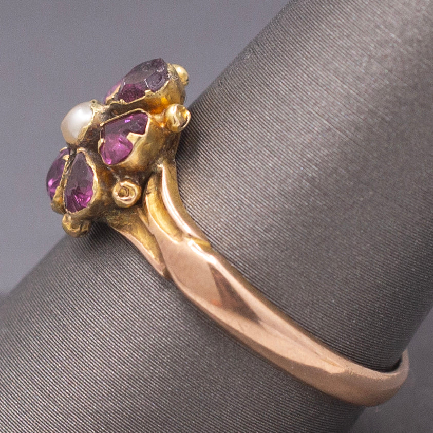 Antique Victorian Garnet and Pearl Custer Low Profile Ring in 18k Rosy Gold