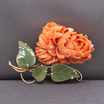 Incredible Carved Coral Chrysanthemum with Jade Leaves Brooch Pin in 18k Yellow Gold